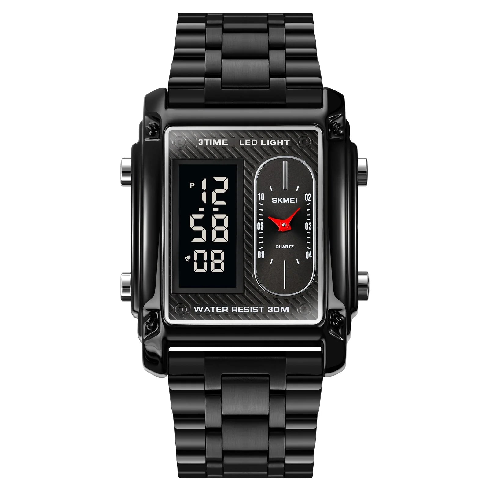 Black digital watch with metal strap on a white background